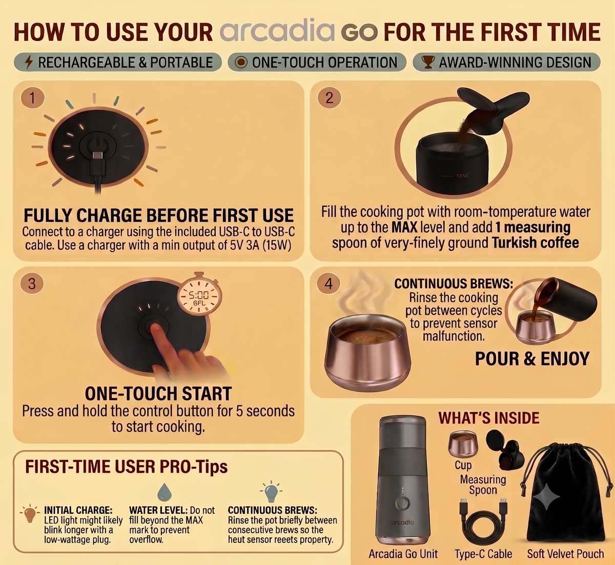 Arcadia Go Rechargeable Portable Turkish Coffee Maker