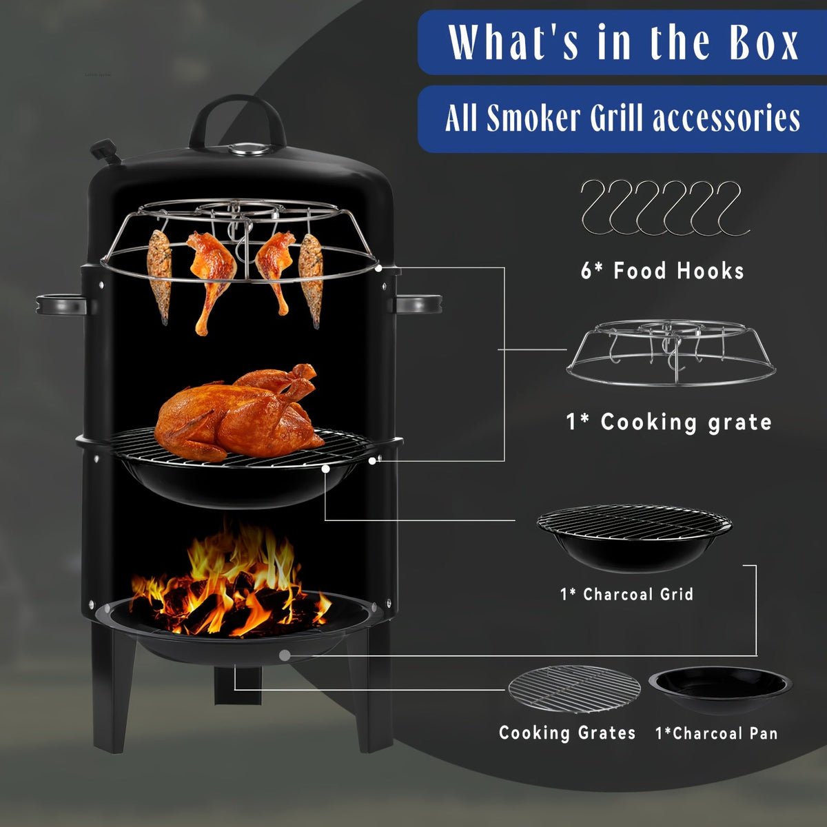 3-in-1 Portable Charcoal Smoker Grill with Built-In Thermometer – BBQ Grill, Smoker & Fire Pit