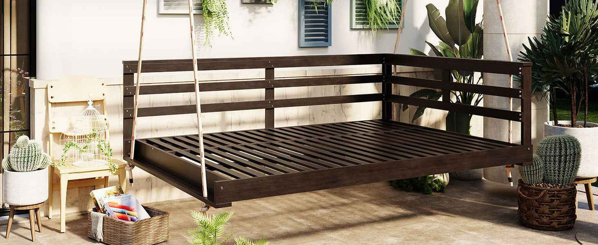 Acacia Wood Full-Size Outdoor Swing Bed with Hemp Ropes