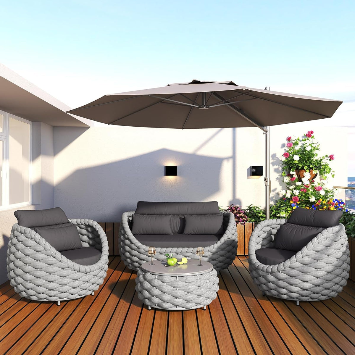 6-Piece Aluminum Patio Furniture Set, Olefin Rope Modern Outdoor Conversation Set Sectional Sofa with Water Repellent Thick Cushions and Coffee Table for Balcony, Garden, Light Grey