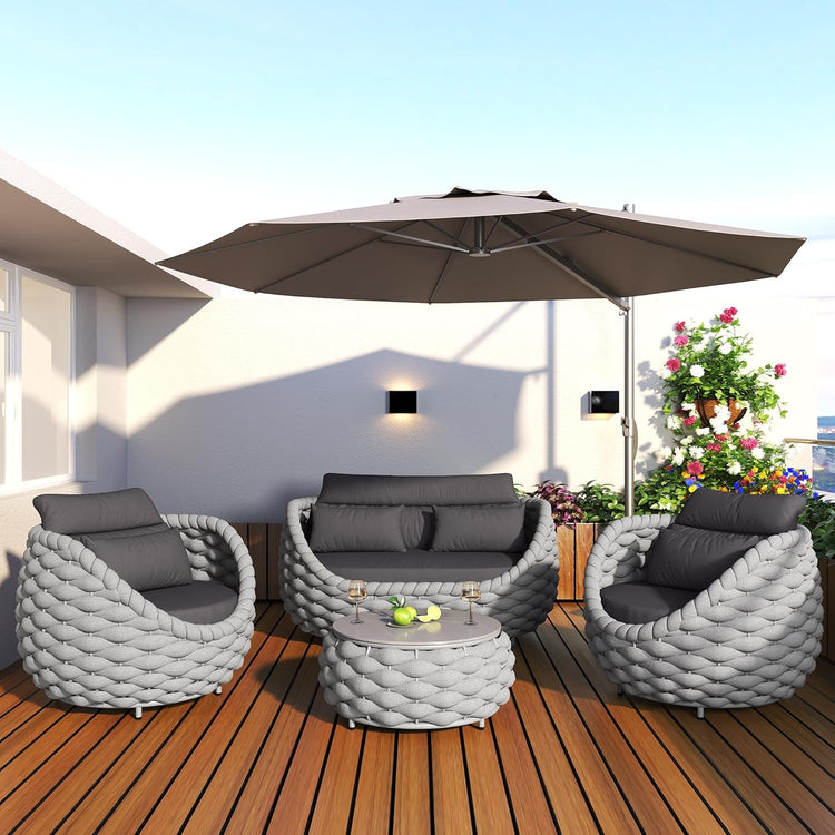 6-Piece Aluminum Patio Furniture Set, Olefin Rope Modern Outdoor Conversation Set Sectional Sofa with Water Repellent Thick Cushions and Coffee Table for Balcony, Garden, Light Grey