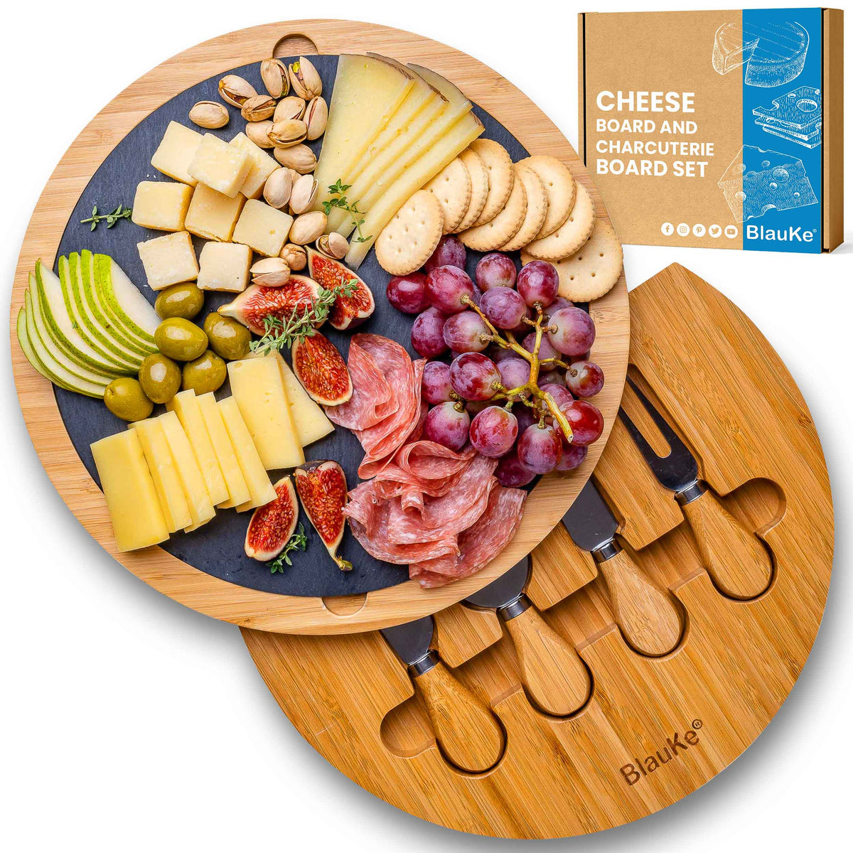 BlauKe 12" Swivel Bamboo Charcuterie Cheese Board & Knife Set