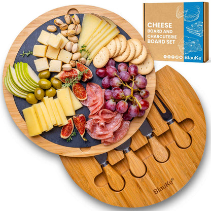 BlauKe 12" Swivel Bamboo Charcuterie Cheese Board & Knife Set