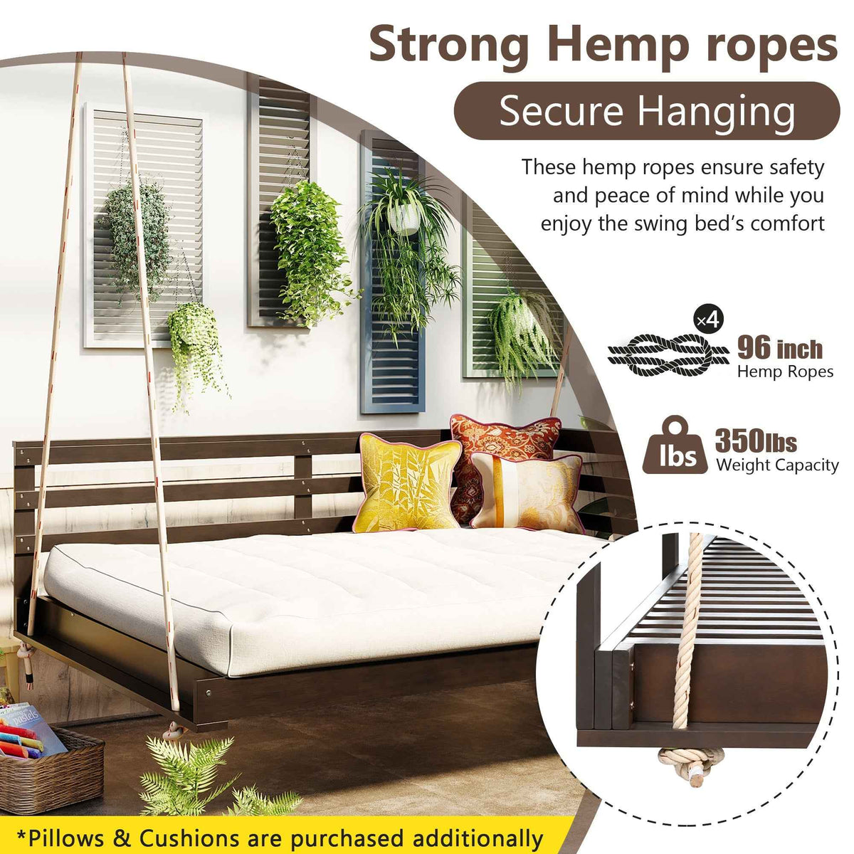 Acacia Wood Full-Size Outdoor Swing Bed with Hemp Ropes