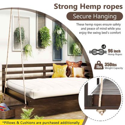 Acacia Wood Full-Size Outdoor Swing Bed with Hemp Ropes