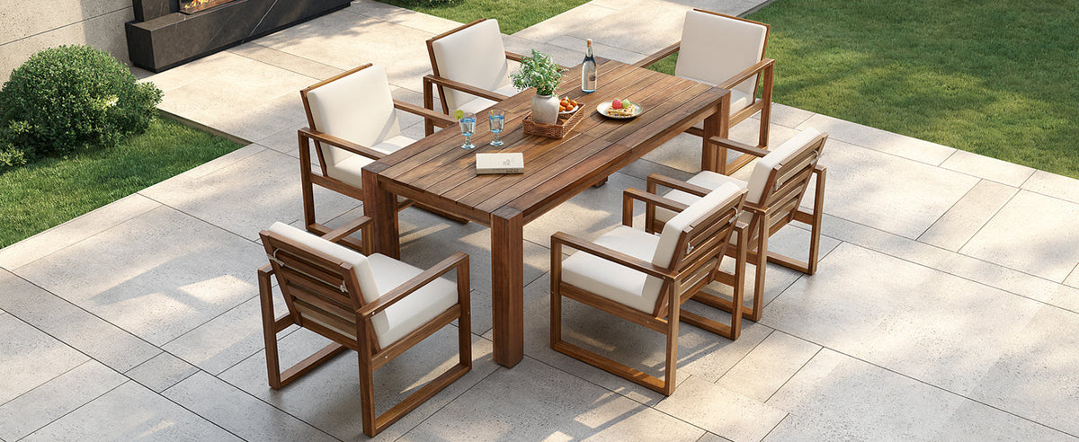 7-Piece Acacia Wood Outdoor Dining Set with Bench Seating &amp; Cushions