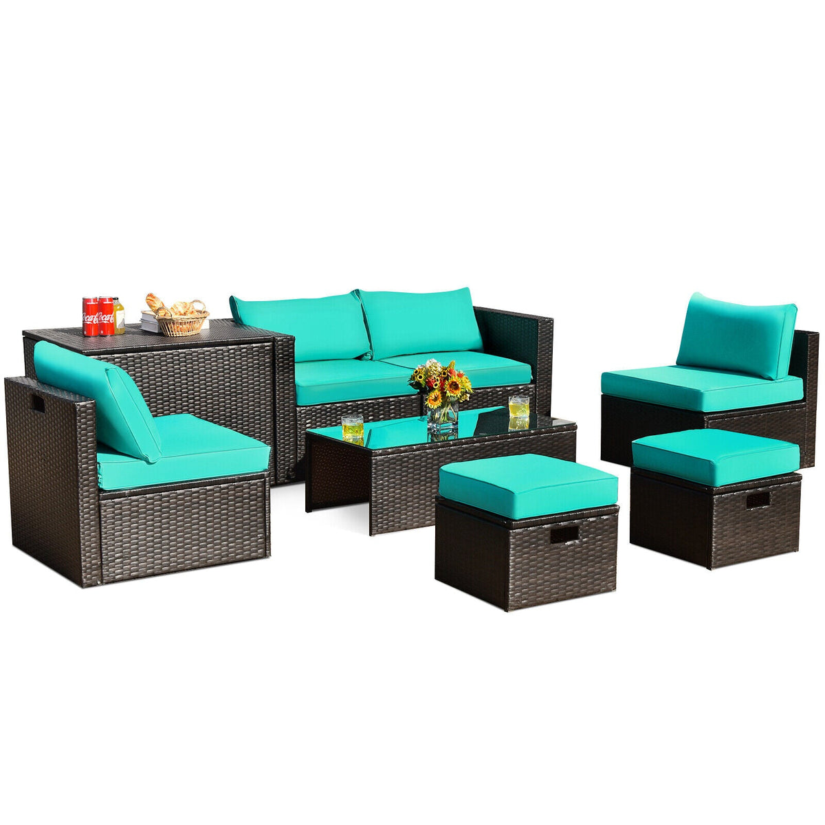 8-Piece Outdoor PE Rattan Patio Furniture Set with Storage Table & Protective Cover