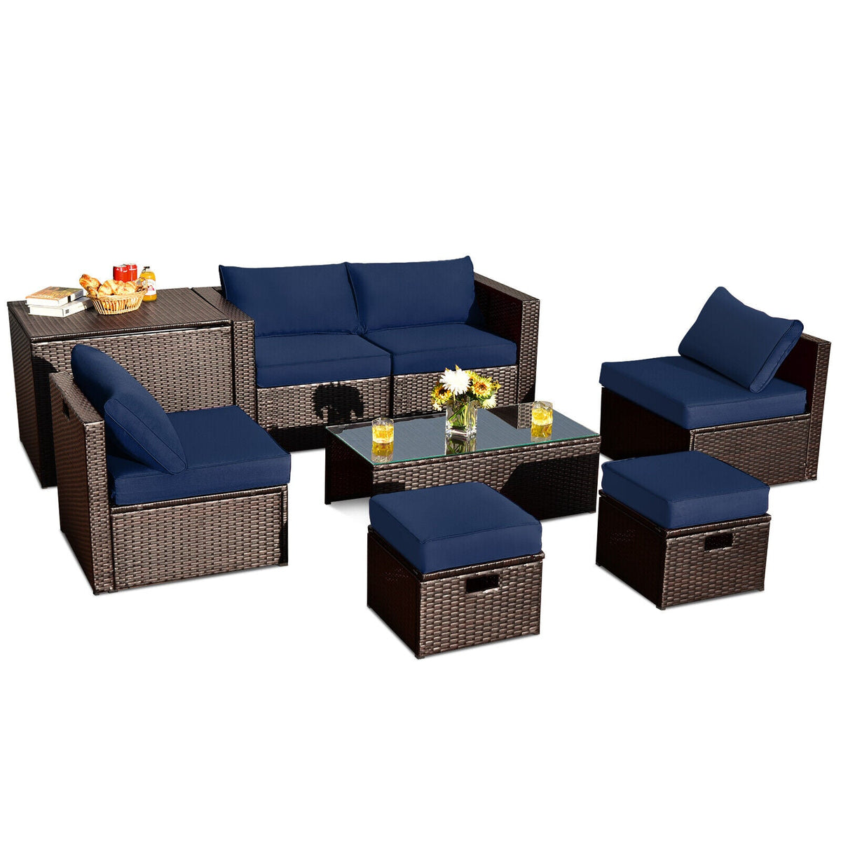 8-Piece Outdoor PE Rattan Patio Furniture Set with Storage Table & Protective Cover