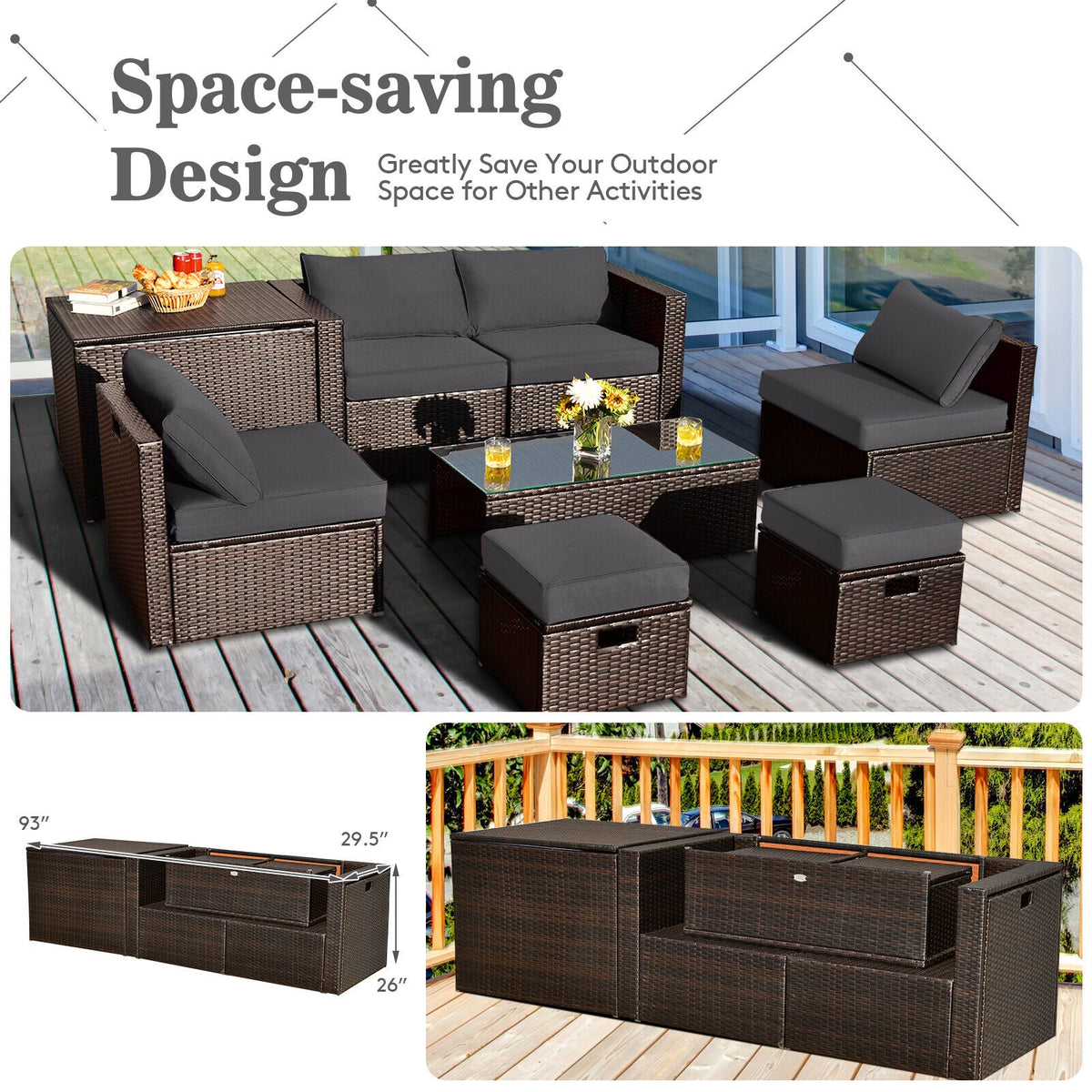 8-Piece Outdoor PE Rattan Patio Furniture Set with Storage Table & Protective Cover
