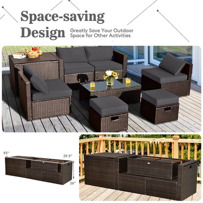 8-Piece Outdoor PE Rattan Patio Furniture Set with Storage Table & Protective Cover