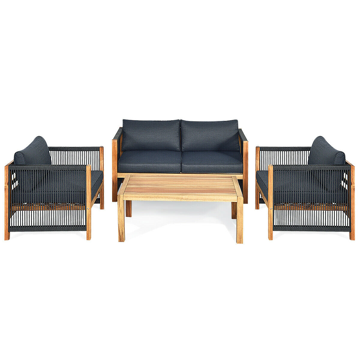 4-Piece Acacia Wood & Rope Outdoor Patio Conversation Set with Cushions