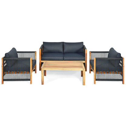 4-Piece Acacia Wood & Rope Outdoor Patio Conversation Set with Cushions