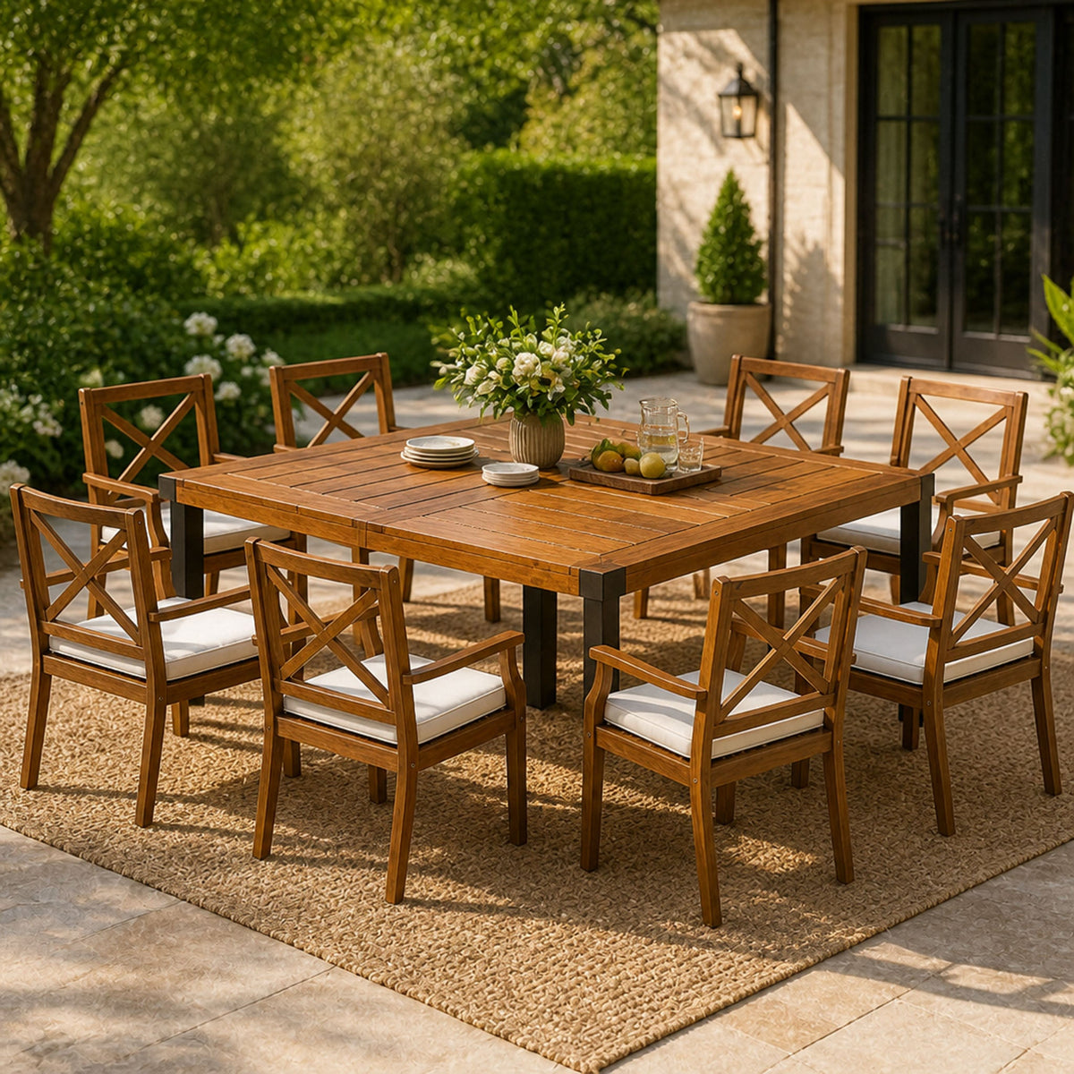 9-Piece Acacia Wood Outdoor Patio Dining Set with X-Back Armchairs - Seats 8