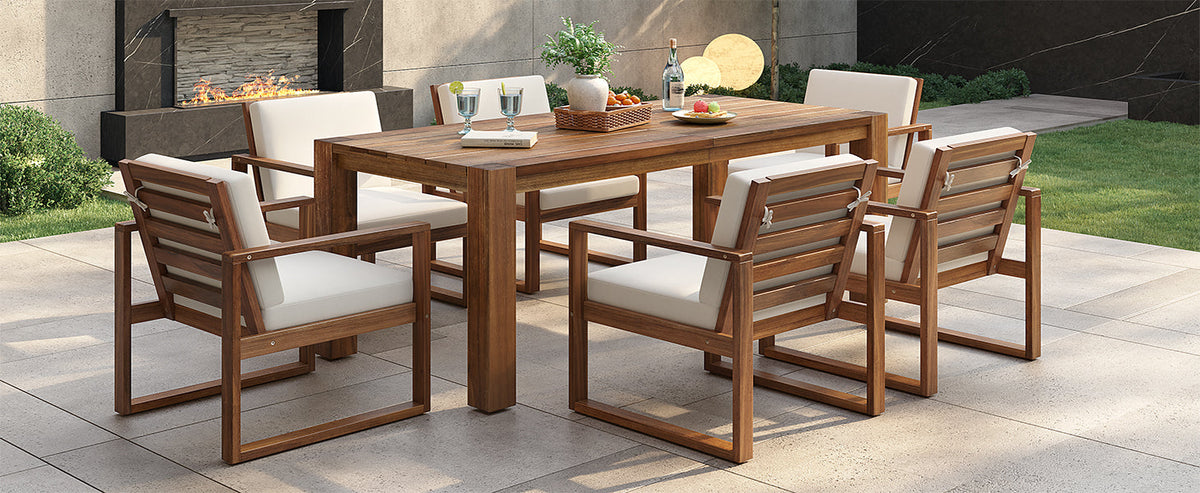 7-Piece Acacia Wood Outdoor Dining Set with Bench Seating &amp; Cushions