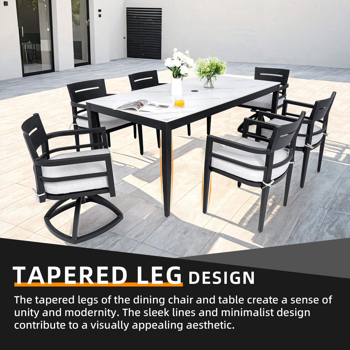 Modern 7-Piece Aluminum Outdoor Dining Set with Sintered Stone Table &amp; Sunbrella® Cushions
