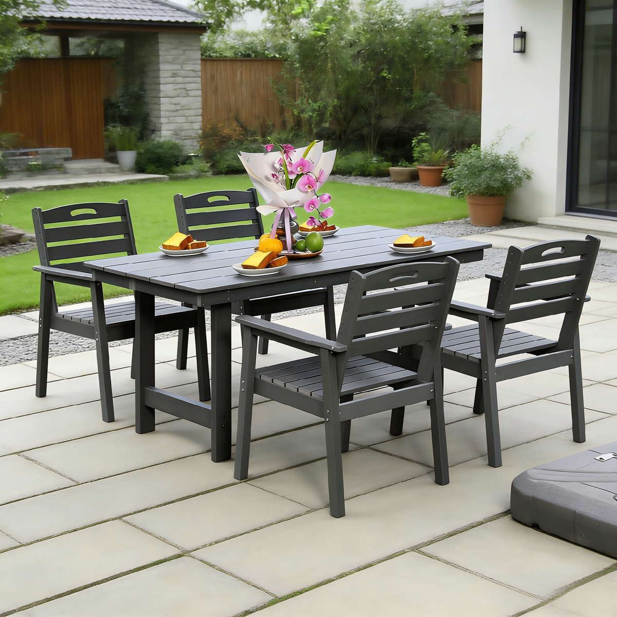 5-Piece Grey HDPE Outdoor Dining Set with Umbrella Hole – Seats 4