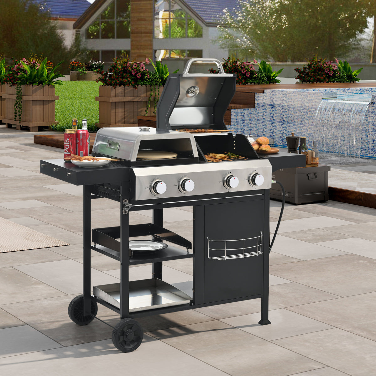 4-Burner Gas Grill & Griddle Combo with Pizza Pan – 49,200 BTU
