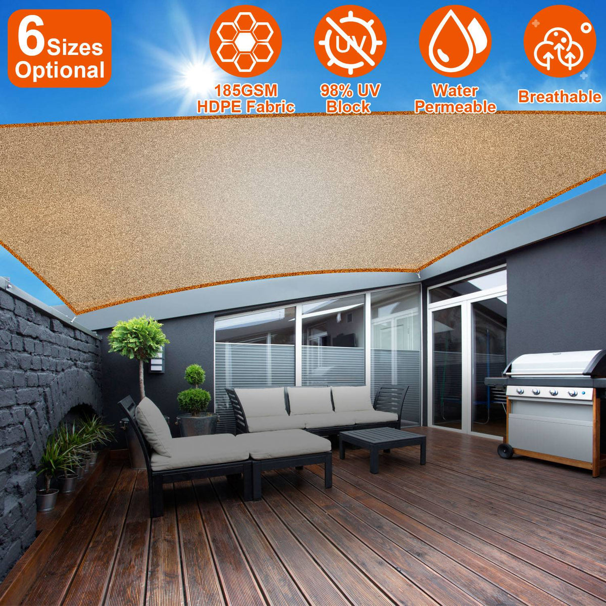 Rectangle Top CanopyÊ98% UV Block Awning Shelter 185GSM HDPE Patio Cover with Snap Hooks Ropes for Outdoor Garden Backyard