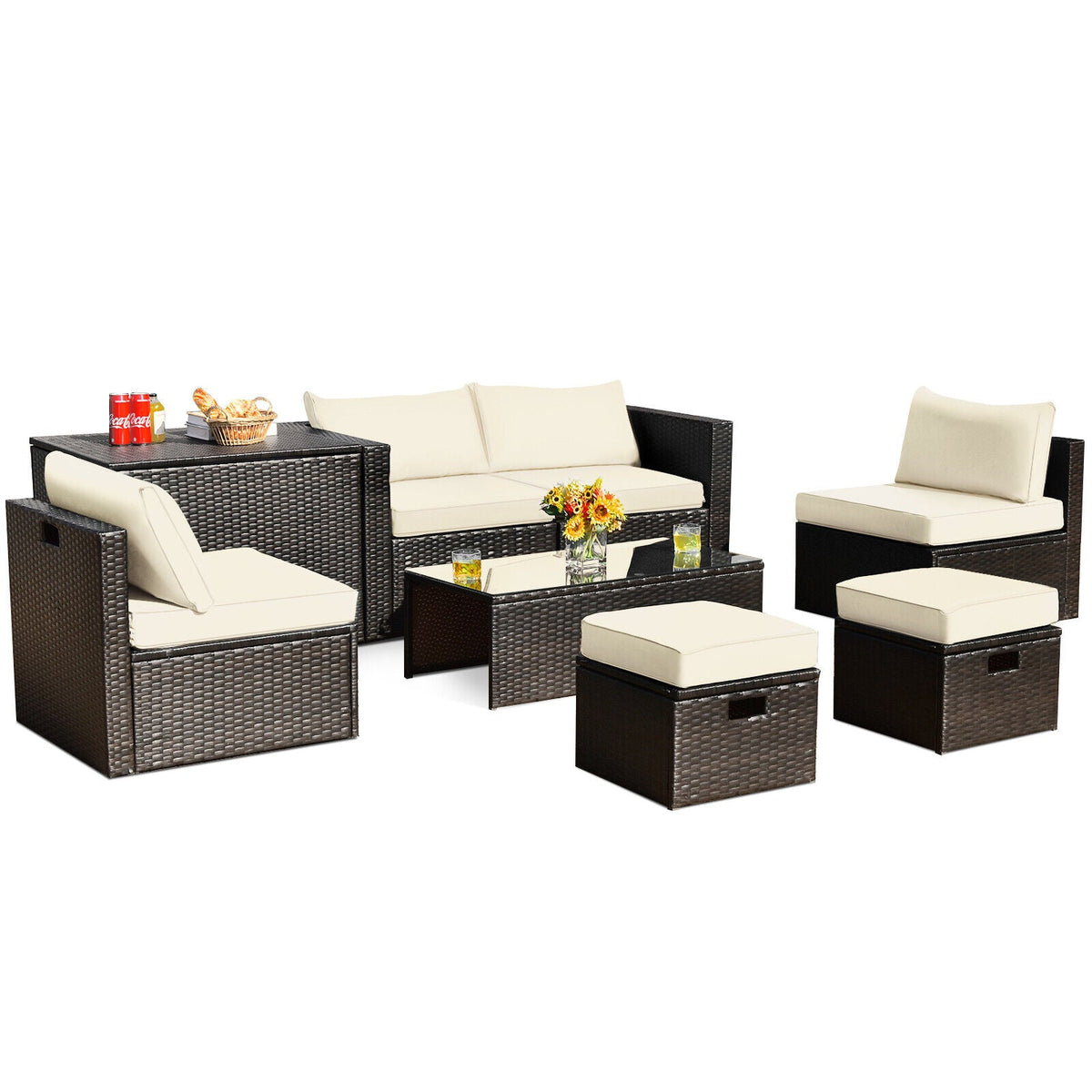 8-Piece Outdoor PE Rattan Patio Furniture Set with Storage Table & Protective Cover