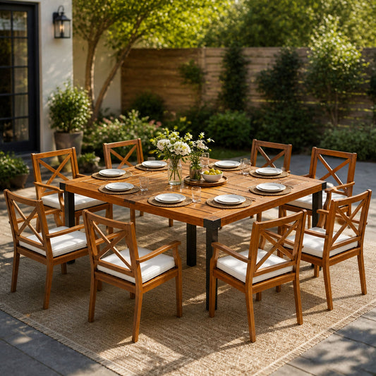 9-Piece Acacia Wood Outdoor Patio Dining Set with X-Back Armchairs - Seats 8
