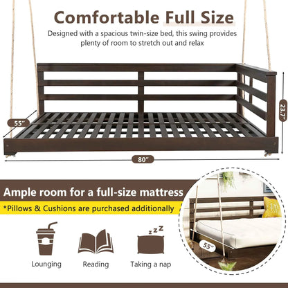 Acacia Wood Full-Size Outdoor Swing Bed with Hemp Ropes