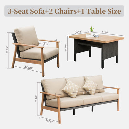 4-Piece Wood-Look Aluminum &amp; Wicker Outdoor Conversation Set – Seats 5