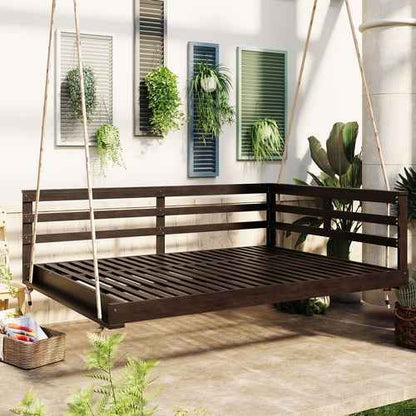Acacia Wood Full-Size Outdoor Swing Bed with Hemp Ropes