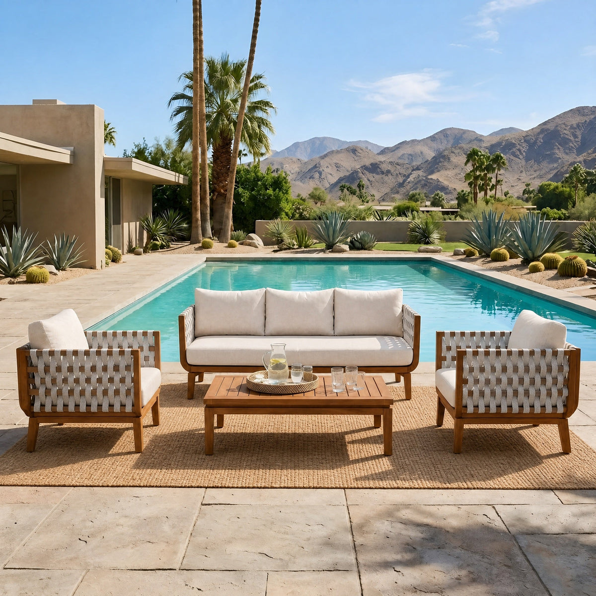 4-Piece Acacia Wood & Rope Outdoor Conversation Set with Coffee Table