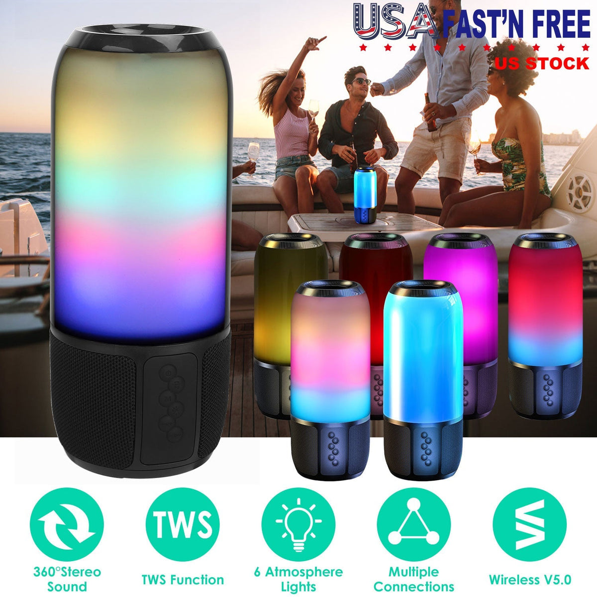 LJG Wireless Portable Stereo Speaker with Color-Changing Lights