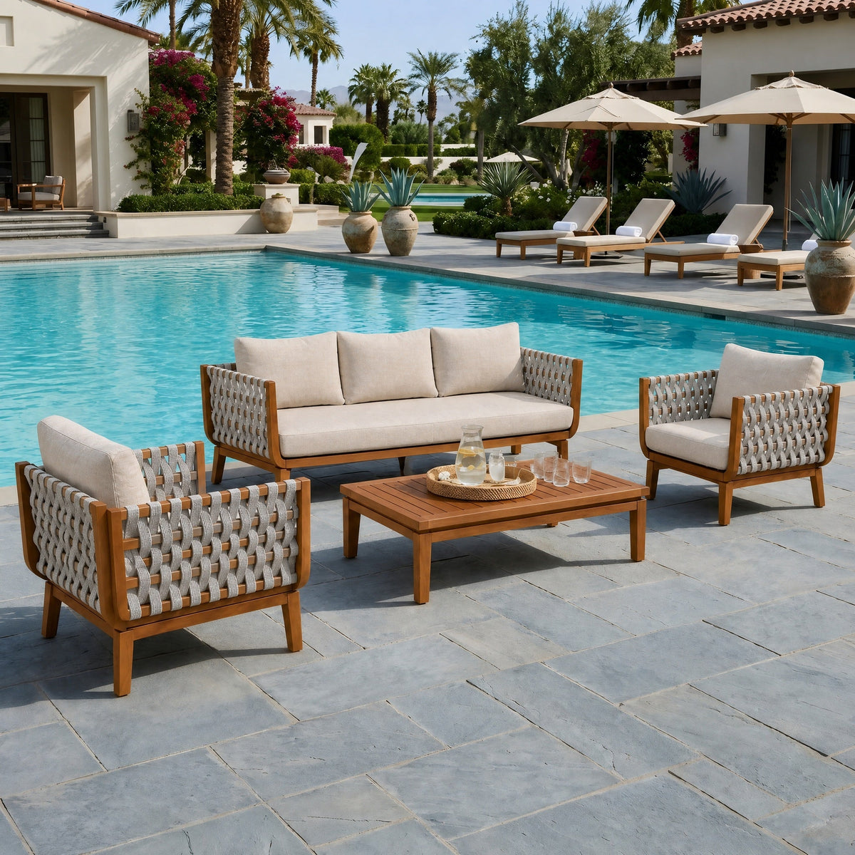 4-Piece Acacia Wood & Rope Outdoor Conversation Set with Coffee Table