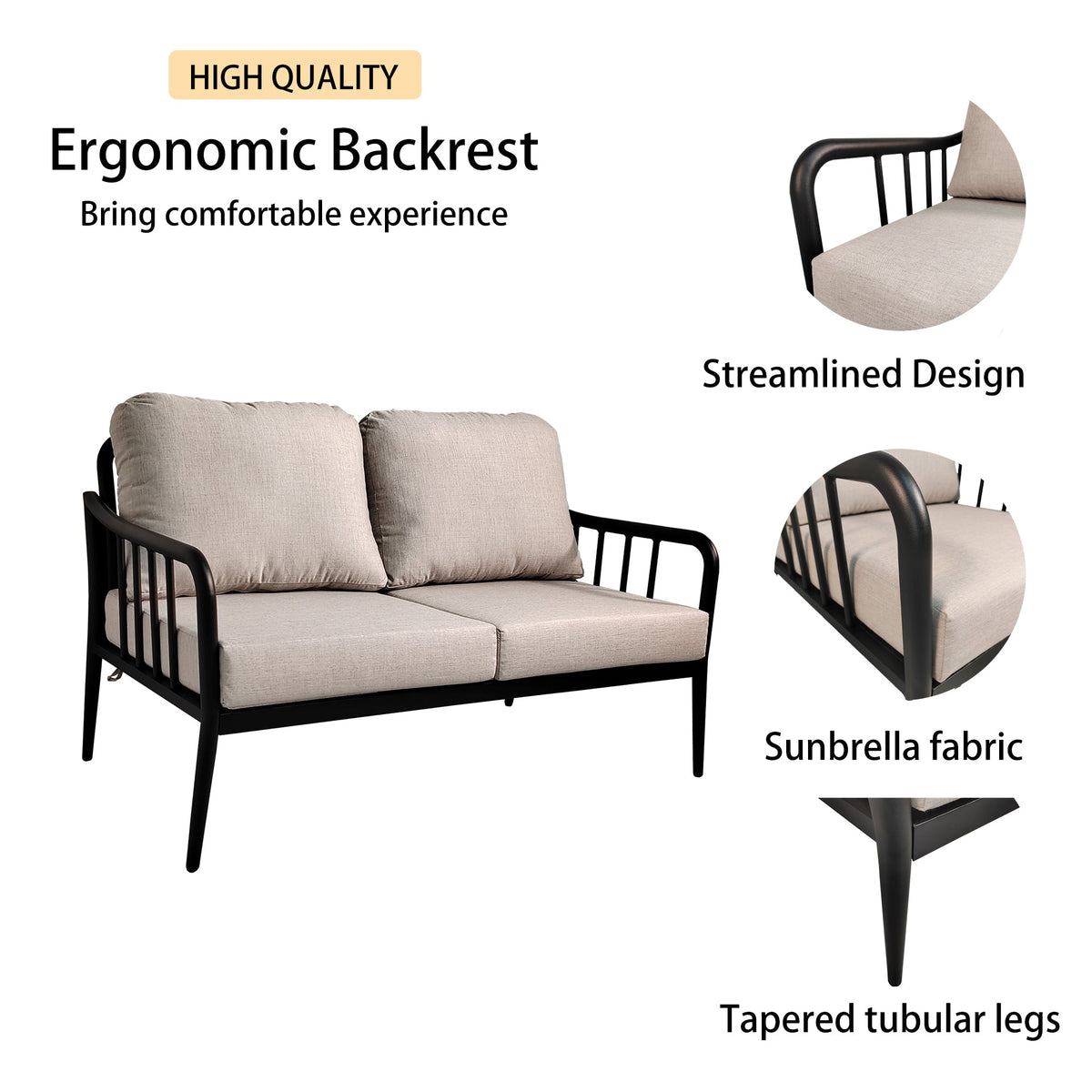 2-Piece Modern Aluminum Outdoor Loveseat & Oval Coffee Table Set with Sunbrella® Cushions – Ember Black