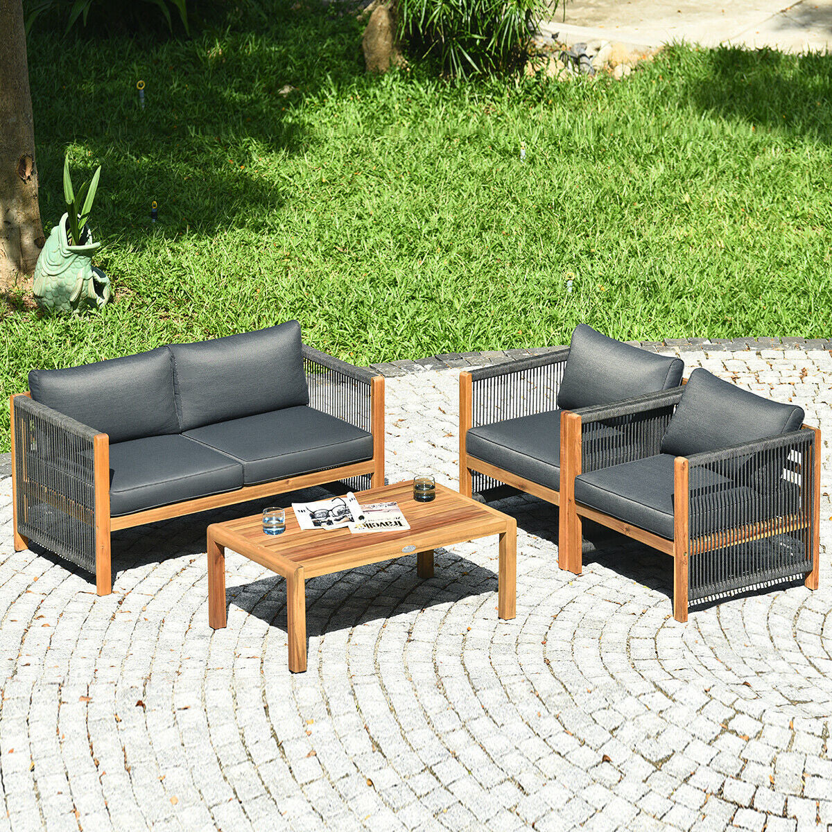 4-Piece Acacia Wood & Rope Outdoor Patio Conversation Set with Cushions
