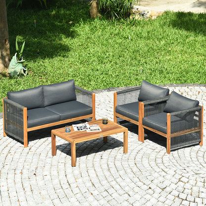 4-Piece Acacia Wood & Rope Outdoor Patio Conversation Set with Cushions
