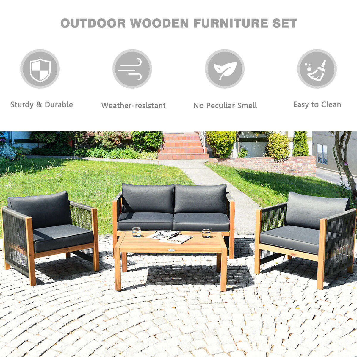 4-Piece Acacia Wood & Rope Outdoor Patio Conversation Set with Cushions