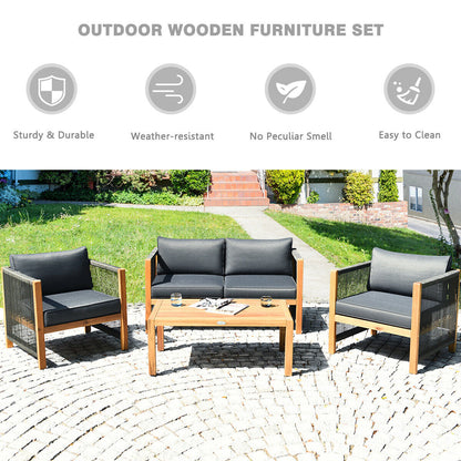 4-Piece Acacia Wood & Rope Outdoor Patio Conversation Set with Cushions