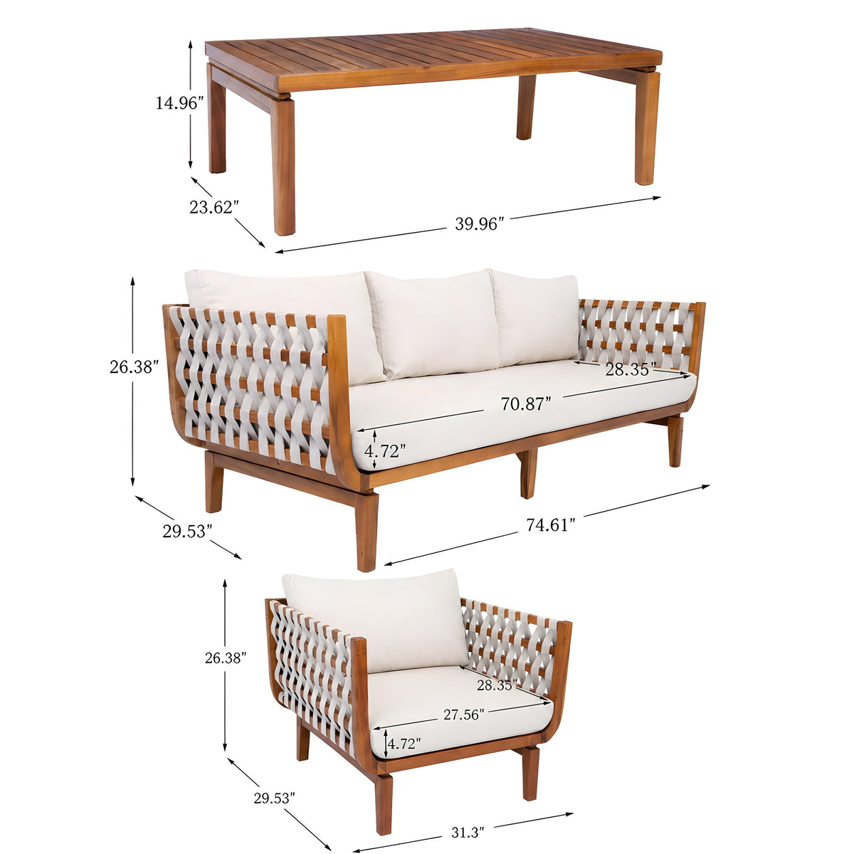 4-Piece Acacia Wood & Rope Outdoor Conversation Set with Coffee Table