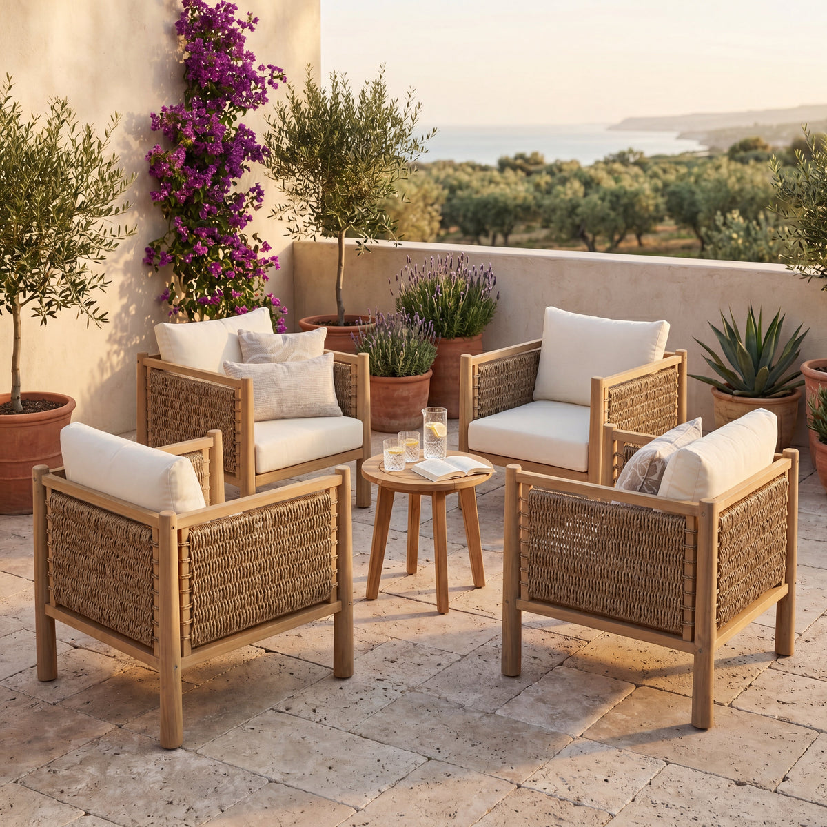 4-Piece Acacia Wood & Handwoven Rattan Outdoor Armchair Set