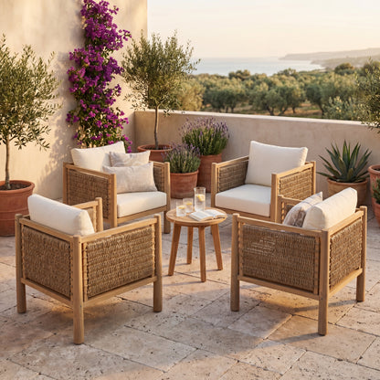 4-Piece Acacia Wood & Handwoven Rattan Outdoor Armchair Set