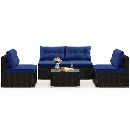 DirectDeals 5-Piece Black PE Wicker Outdoor Patio Furniture Set with Cushions & Coffee Table