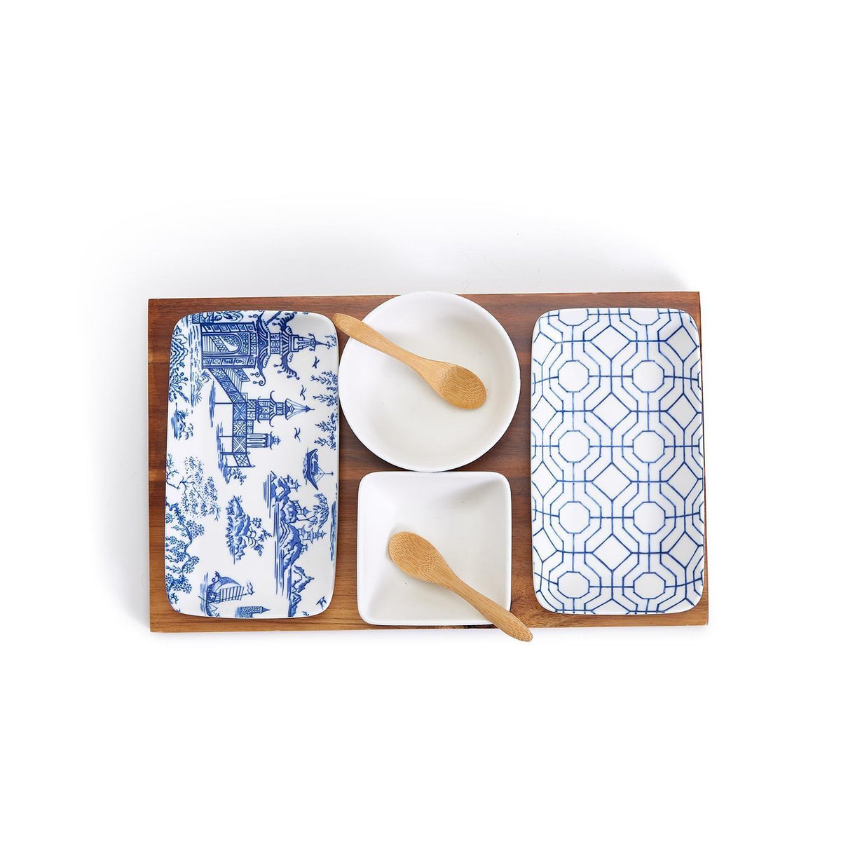 7-Piece Porcelain Serving Set with Acacia Wood Tray