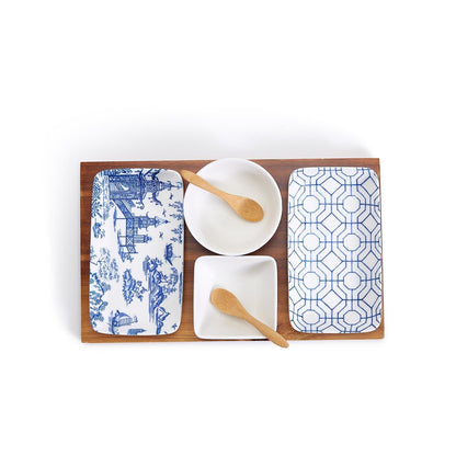 7-Piece Porcelain Serving Set with Acacia Wood Tray