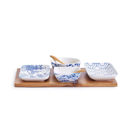 7-Piece Porcelain Serving Set with Acacia Wood Tray