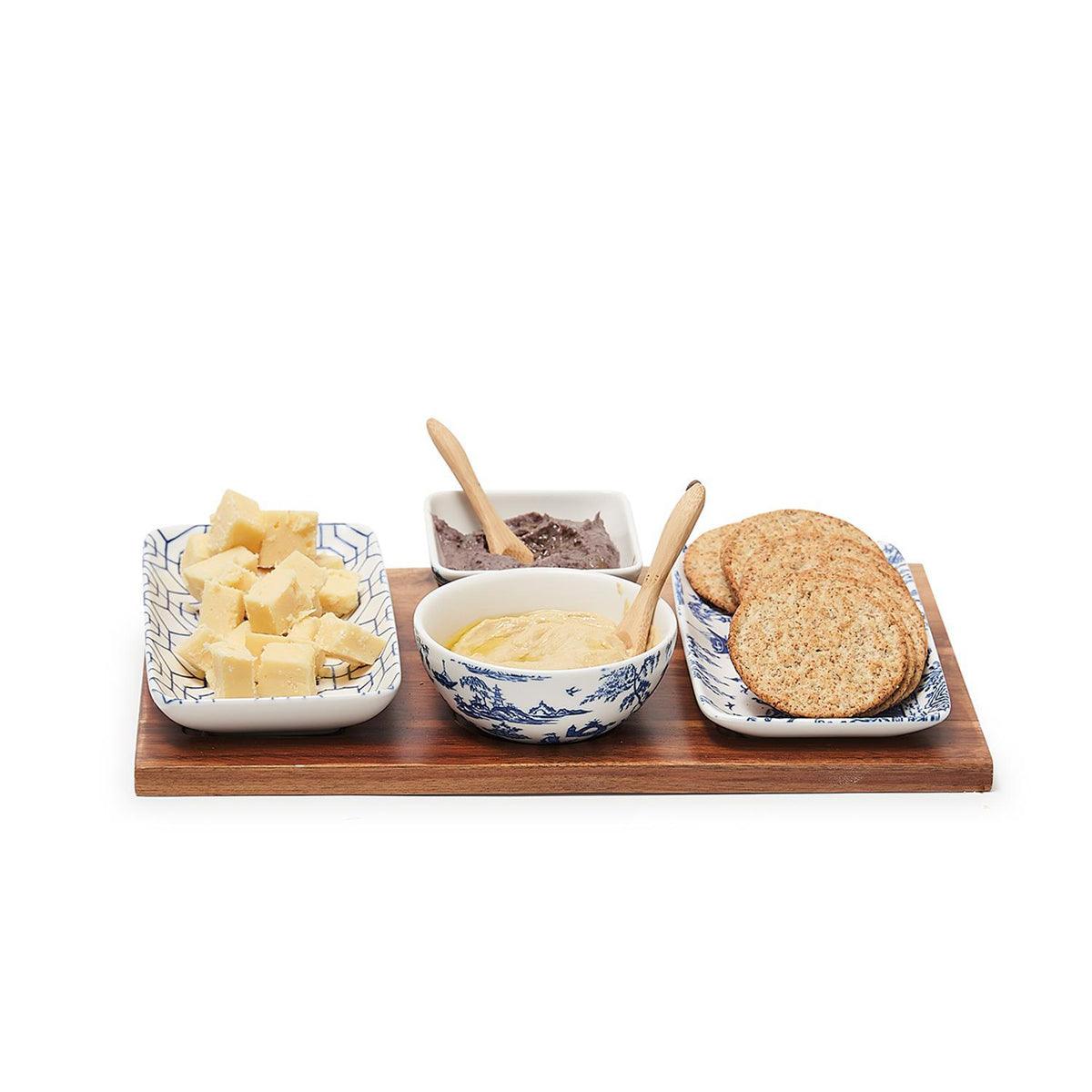 7-Piece Porcelain Serving Set with Acacia Wood Tray