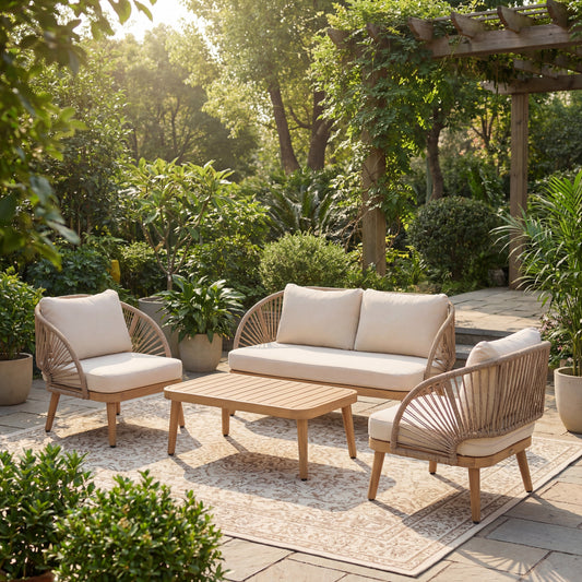 4-Piece Sculptured Seating Acacia Wood & Handwoven Rope Outdoor Conversation Set