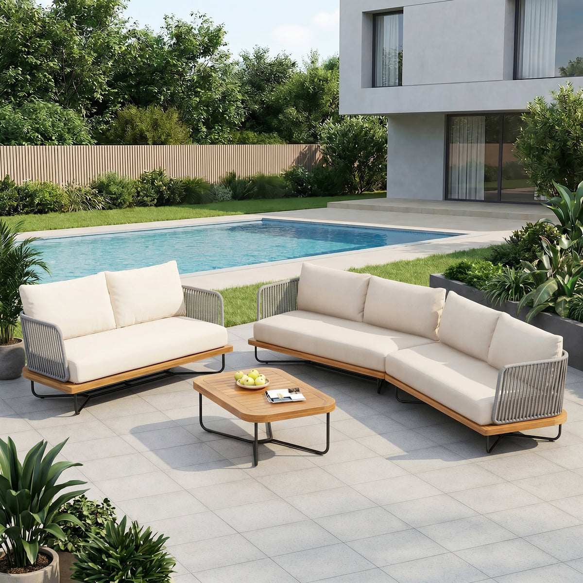 Lucca Acacia Wood & Woven Rope Outdoor Conversation Set - Seating 6
