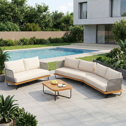 Lucca Acacia Wood & Woven Rope Outdoor Conversation Set - Seating 6