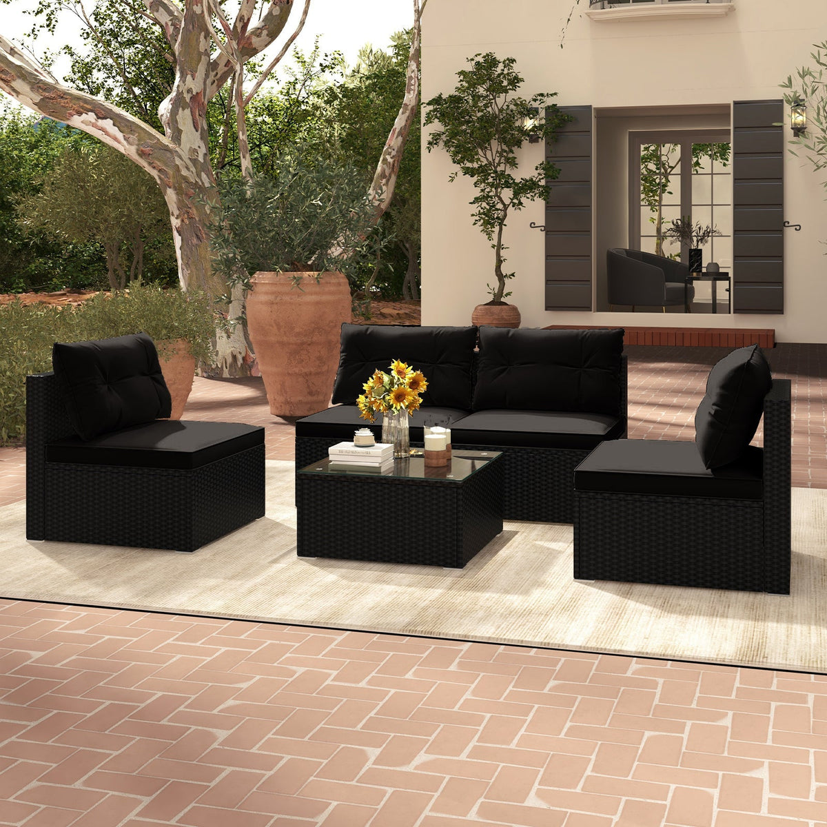 DirectDeals 5-Piece Black PE Wicker Outdoor Patio Furniture Set with Cushions & Coffee Table