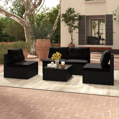 DirectDeals 5-Piece Black PE Wicker Outdoor Patio Furniture Set with Cushions & Coffee Table