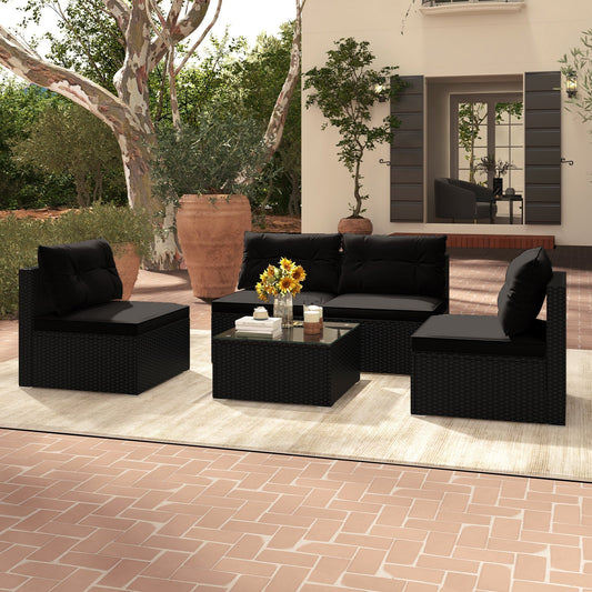DirectDeals 5-Piece Black PE Wicker Outdoor Patio Furniture Set with Cushions & Coffee Table