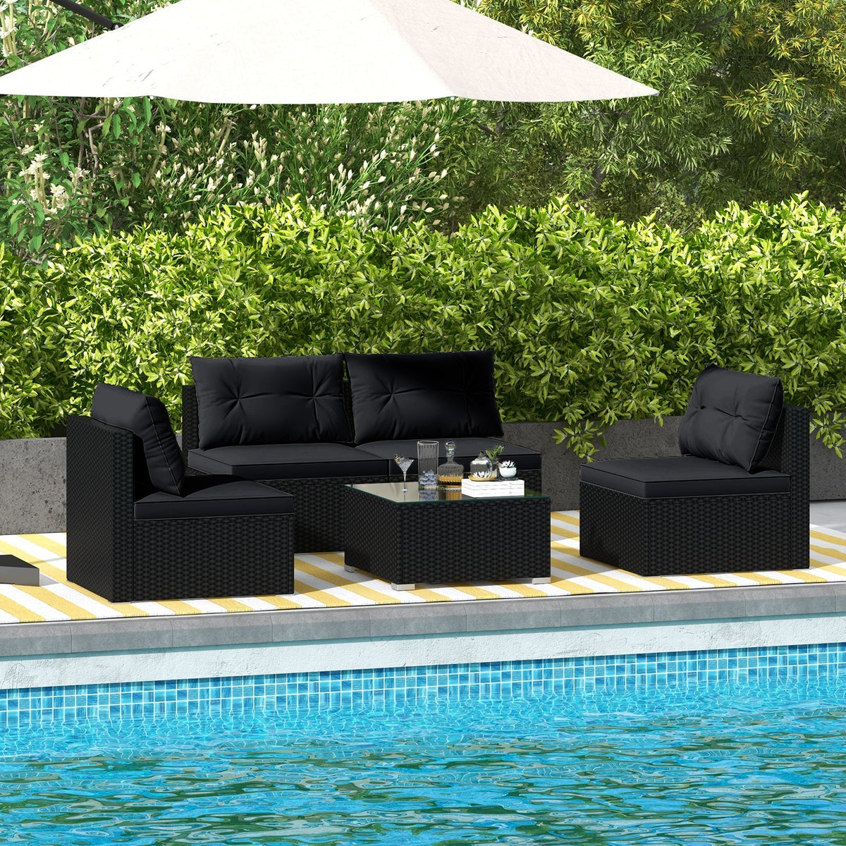 DirectDeals 5-Piece Black PE Wicker Outdoor Patio Furniture Set with Cushions & Coffee Table